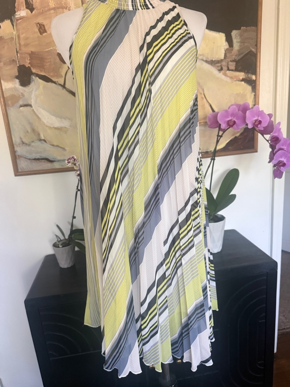 Striped Halter Swing Dress in Yellow, Gray & White